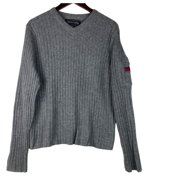 Vtg Y2K Abercrombie & Fitch Mens Large Sweater Pullover WOOL Gray Ribbed V-Neck - Picture 2 of 4
